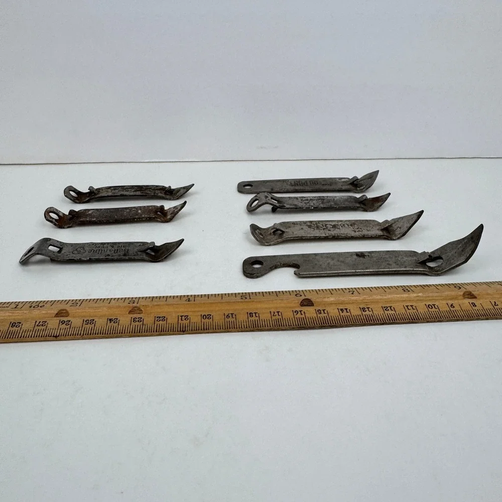 7 Vtg Mixed Advertisement Lot of Metal Can Bottle Openers Rusted Aged Man Cave
